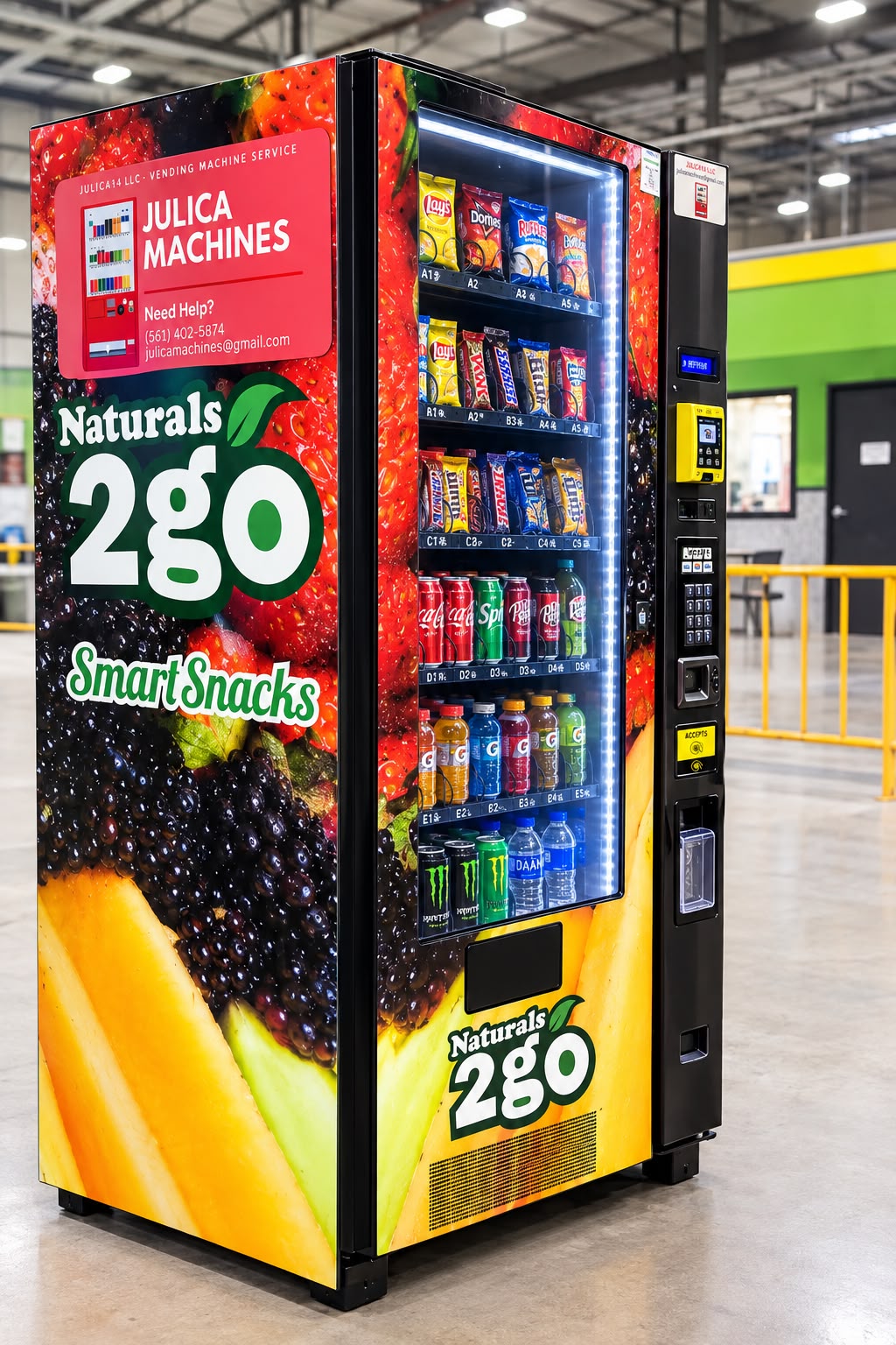 Julica Machines vending machine with snacks, chips and Naturals2go SmartSnacks drinks